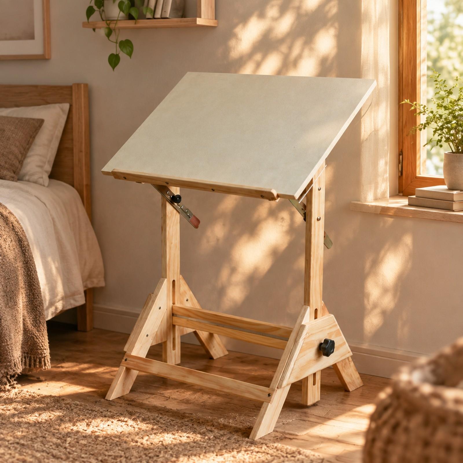 Woodworking Art - Höhenverstellbarer Kunstschreibtisch aus Massivholz mit geneigter
