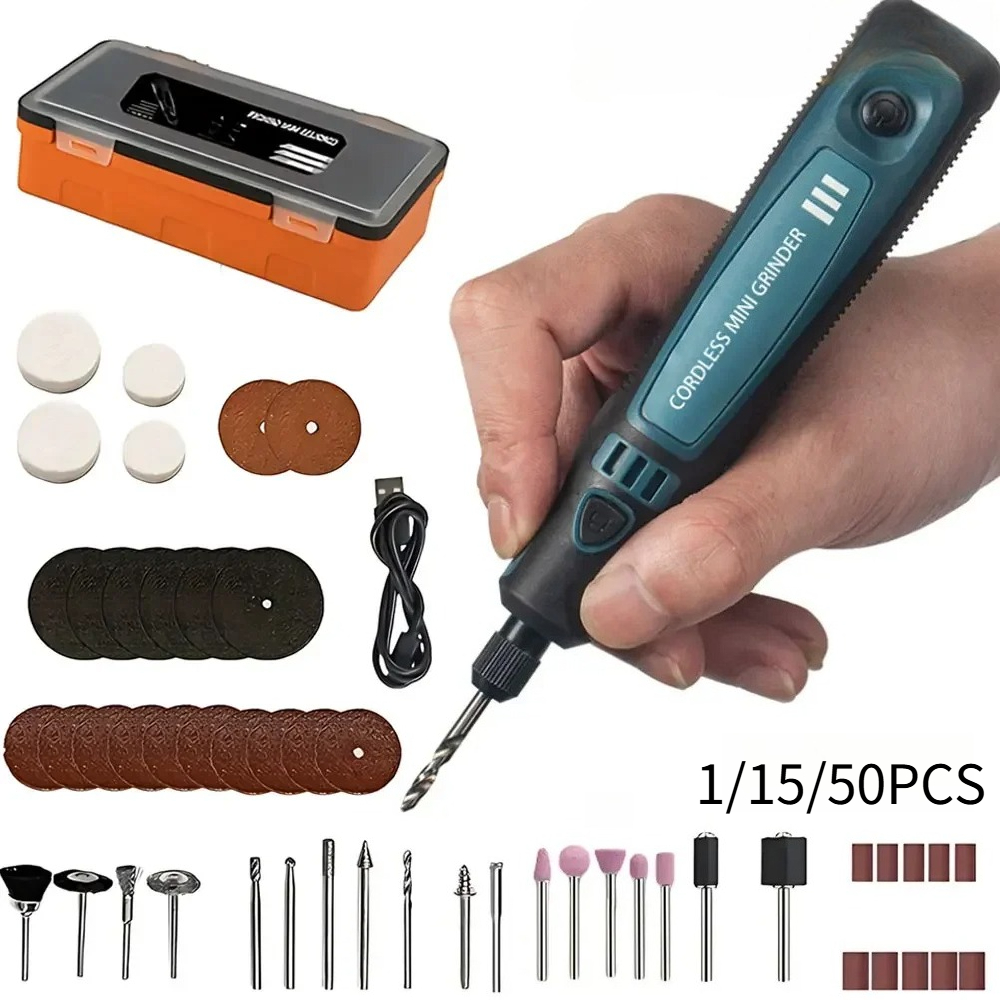 Woodworking Art - USB-Akku-Elektroschleifer, tragbares Gravurwerkzeug-Set, 1/15/50-teilig, für Jade-Polierarbeiten,