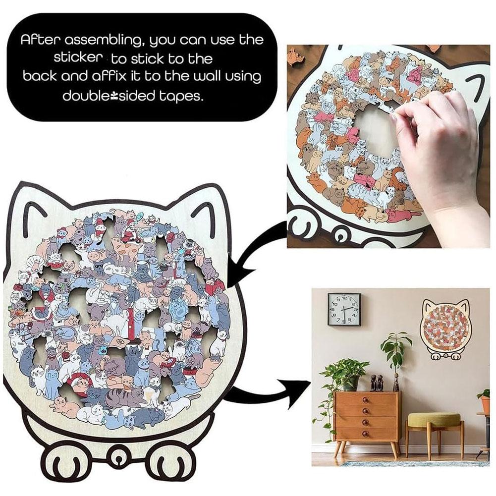 Woodworking Jigsaw - 50–135 Stück Morandi-farbiges Katzen-Holzpuzzle mit Katzen-Silhouette-Rahmen,